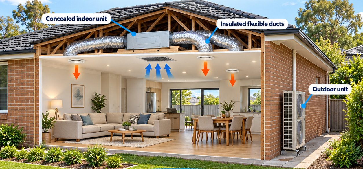 How ducted reverse cycle works: indoor unit in the roof, outlets in each room, one outdoor unit